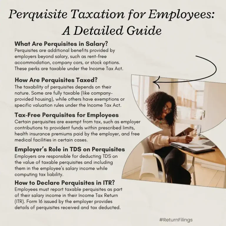 Infographic on perquisite taxation: types of perquisites, taxability, exemptions, employer’s TDS, and ITR reporting